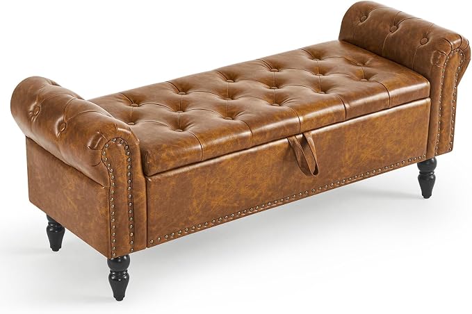 Furniliving Storage Ottoman Bench, Leather Benches End of Bed Bench with Solid Wood Legs Upholstered Ottoman Bench with Storage Indoor Bench for Living Room with Rolled Arm, Entryway, YellowBrown by FurnilivingFurnitureforHome