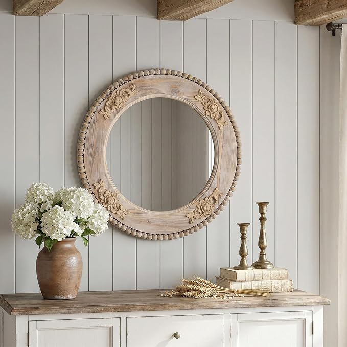 sawsile Round Wood Mirror,24 inch Circle Rustic Farmhouse Natural Wooden Frame Boho Beads Wall Mirror for Bathroom,Living Room,Bedroom or Entryway - Image 5