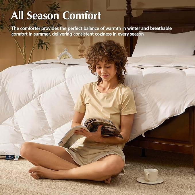 Pacific Coast Goose Feather Down Comforters Queen Size, Extra Fluffy White Duvet Insert, Soft, Breathable, All Season Hotel Luxury Bedding Comforters, 8 Corner & Center Loops (90"x90")