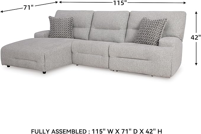Signature Design by Ashley Acklen Place Stain Resistant Modern L-Shaped Left-Arm Facing 3-Piece Power Reclining Sectional with Adjustable Headrest, USB Ports and 2 Accent Pillows, Light Gray