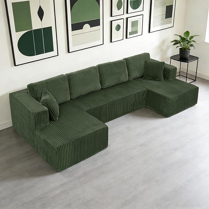 132.48" U-Shaped Sectional Couch, 4-Seat Frameless Modular Sofa with Oversized Chaise, Big Comfy Cloud Couch Set in Soft Corduroy, No-Assembly Boneless Sofas for Living Room, Compressed, Green