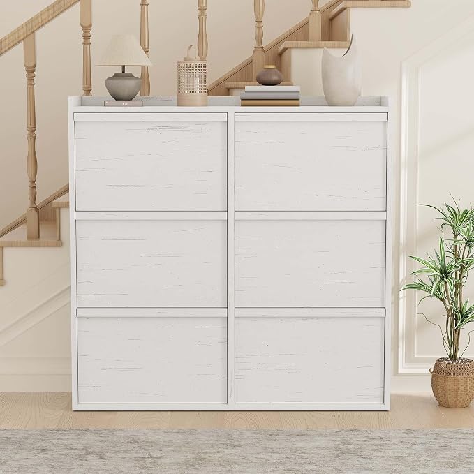 GarveeHome Shoe Cabinet with 6 Flip Drawers, Wooden Shoe Organizer Cabinet with Adjustable Shelf, Shoe Storage for Entryway, Hidden Shoe Cabinet for Hallway, Living Room, White - Image 7