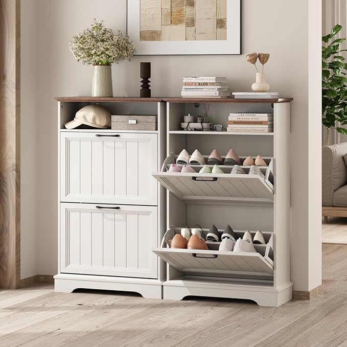 Shoe Storage Cabinet with 2 Flip Drawers, 24" W Farmhouse Modern Hidden Shoes Rack Cabinet with Adjustable Shelves & Open Storage, Narrow Slim Shoe Organizer for Entryway, Hallway, Antique White - Image 6