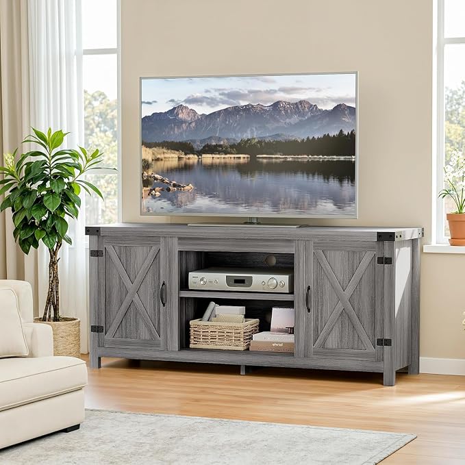 YESHOMY Modern Farmhouse TV Stand with Two Barn Doors and Storage Cabinets for Televisions up to 65+ Inch,Entertainment Center Console Table,Media Furniture for Living Room,Rustic Gray - Image 2