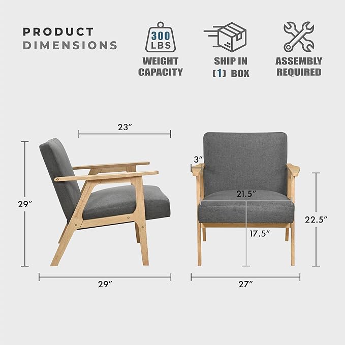 Lexicon Mid Century Modern Accent Chair, Upholstered Lounge Armchair, Single Sofa Seat, Natural Finish Solid Wood Framed Comfy Side Chairs for Living Room/Bedroom/Office/Waiting Area, Dark Gray