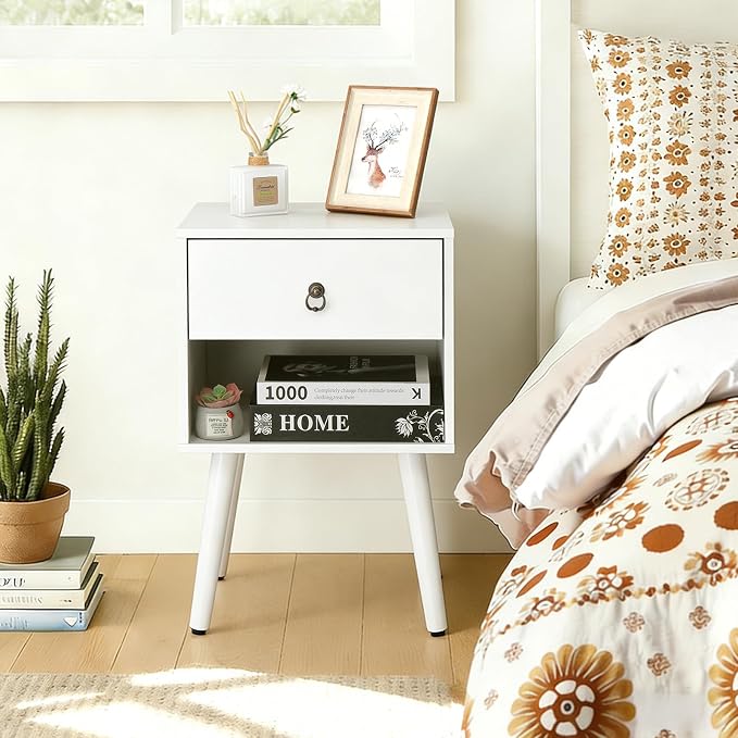 Bonnlo White Nightstand, Modern Bedside Table with Drawer Open Shelf, End Table with Solid Wood Legs for Bedroom、Living Room - Image 6