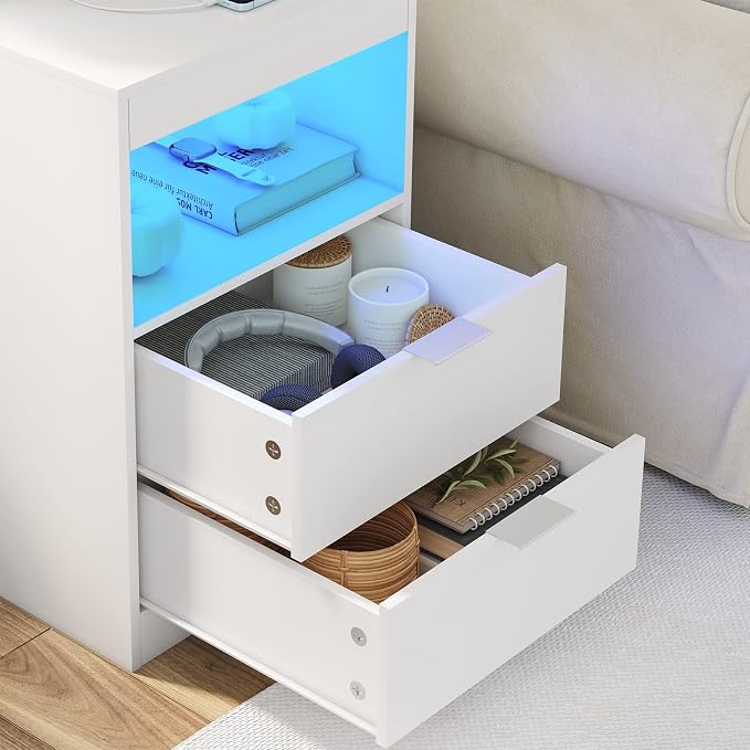 Tiptiper White Nightstand Set of 2, LED Nightstand with Wireless Charging Station, Night Stand with Drawers & Pull-Out Shelf, Modern Bedside Table with Storage, End Table Side Table - Image 7