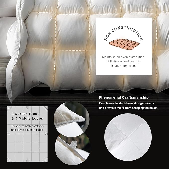 Royoliving Premium Feathers Down Duvet Insert Comforter Queen Size All Season Medium Warmth White 100% Cotton Cover with Corner Tabs (90x90, 50 oz)