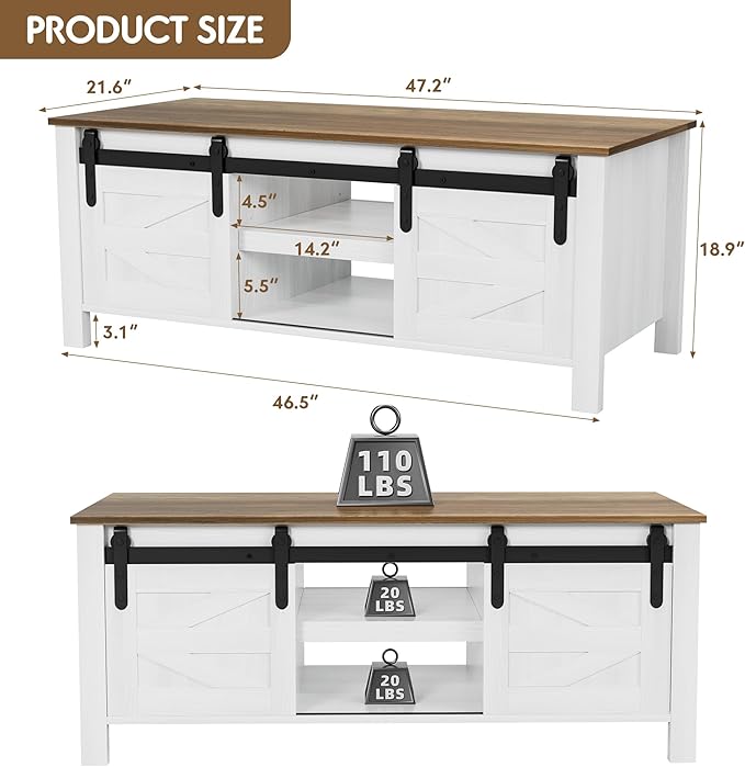 JUMMICO Farmhouse Coffee Table with Storage & Sliding Barn Doors, Modern Rustic Living Room Table with Adjustable Shelves, Wooden Rustic Center Table for Living Room (Antique White)