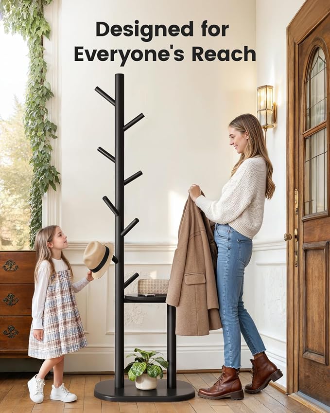 Pipishell Coat Rack, Freestanding Hall Tree with 8 Hooks & Storage Shelf, Solid Wood Base, 66.3″ Tall Coat Rack Stand for Coats, Hats, Bag in Entryway, Bedroom, Living Room, Black, PIFCR11B - Image 6