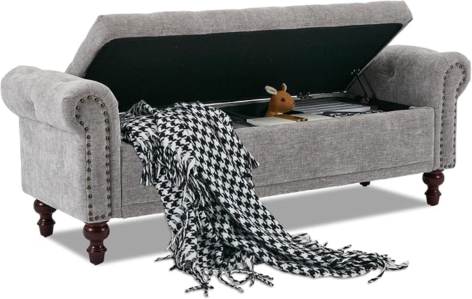 SOFTHION 58.1" Storage Bench Upholstered Chenille End of Bedroom Bed Bench Ottoman with Tufted Cushioned Rolled Arm Large Storage Space for Reading Living Room Entryway, Light Grey by SofthionDesign