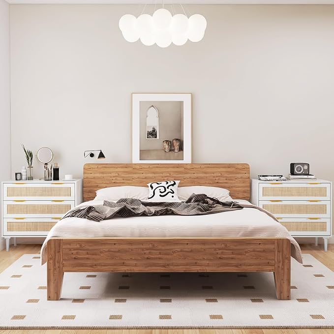 HOPUBUY Large Nightstand Set of 2 with Rattan Drawer, Modern 3 Drawer Night Stand for Bedroom, Wooden Bedside Table for Queen Size and King Size Bed,White - Image 2