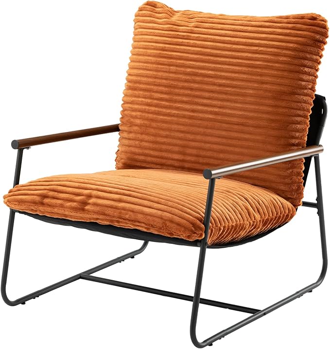 COSIEST Accent Chair for Living Room, Modern Armchair with Wood Arms, Retro Ribbed Upholstered Lounge Chair with Black Metal Frame, Comfy Reading Chair for Bedroom, Office, Brown