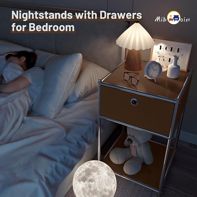 Brown Night Stand with Drawers:Modern Nightstand with Storage,Metal Heavy Duty Industrial Bed Side End Tables Living Room Sofa Couch Home Office Furniture,Kids Bedside Table Bedroom Small Space - Image 6