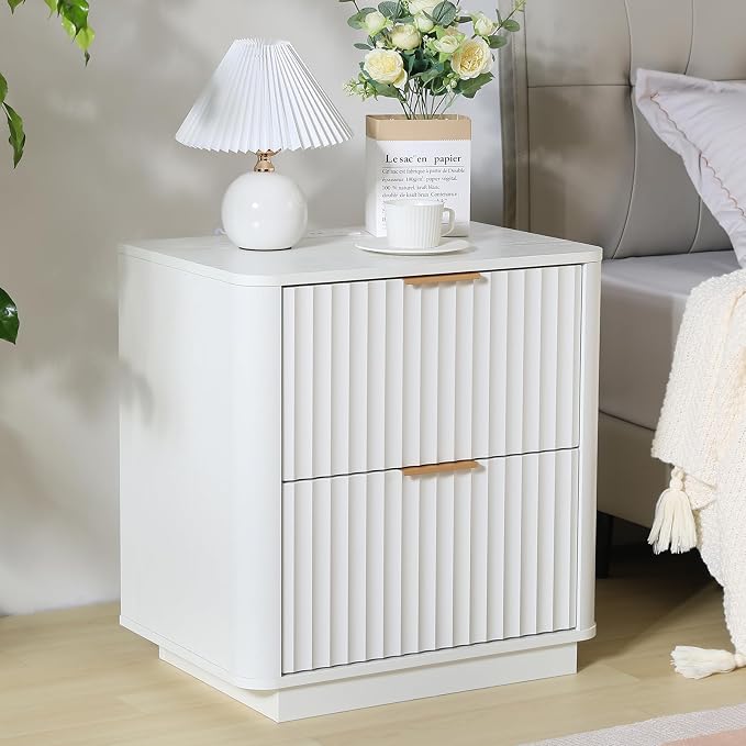 Fluted Nightstand with Charging Station, 23" Night Stands with 2 Drawers, Wood End Table with Storage, White Bedside Table for Bedroom by HtThalamic