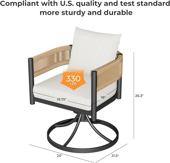 Grand patio 5-Piece Outdoor Dining Set for 4 with 1 Rectangle Expandable Table for 4-6 Person, Metal Woven Wicker Swivel Patio Chairs with Thickened Cushions for Yard, Poolside (Natural) - Image 6