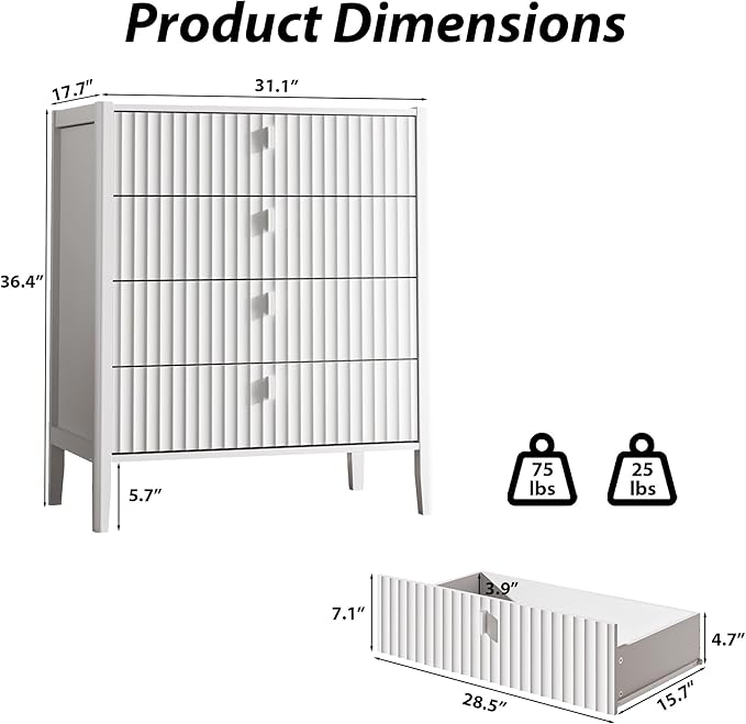 MAISONARIA 3-Piece Dresser Bedroom Set, 4 Drawer Dresser & 2 Drawer Nightstands with Metal Handles, Fluted Wood Chest of Drawers for Bedroom, Living Room, Entryway, White
