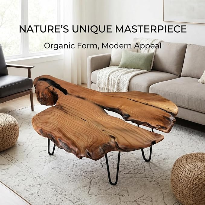 Live Edge Coffee Table - Natural Wood Coffee Table for Living Room, Handcrafted Rustic Modern Furniture with Unique Grain Pattern