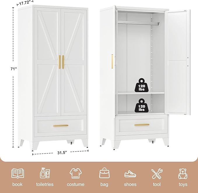 LCAOPC 71" Tall Metal Wardrobe Cabinet with Drawer and Hanging Rod, 2 Doors Armoire Wardrobe Closet with Shelf for Bedroom, Office, Laundry Room, White