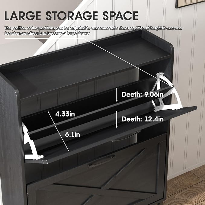 Maupvit Shoe Storage Cabinet with 2 Flip Drawers, Freestanding Organizer with Metal Legs for Entryway, Narrow Shoe Rack Cabinet, Black - Image 6