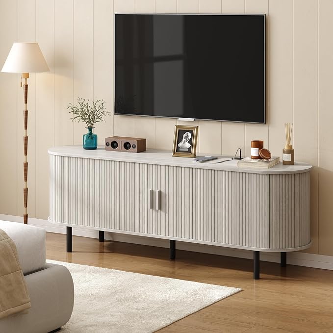 ONBRILL 63" TV Stand with Power Outlet for TVs up to 70 Inch, Entertainment Center with Storage and Adjustable Shelves, Modern Media Console with Sliding Doors for Living Room, Natural White - Image 7