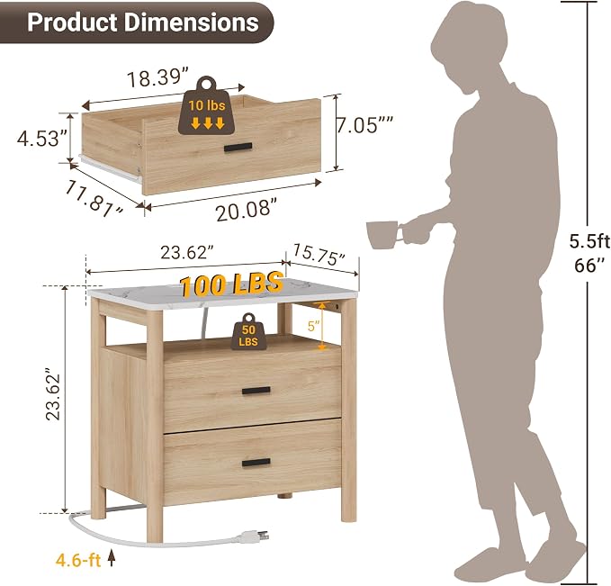 Night Stand Set 2, 23" Nightstands Set of 2, Modern Nightstand with Charging Station & Faux Marble Top, 2 Drawer End Table with Solid Round Post Legs, Bedside Table for Bedroom, Natural Oak - Image 2