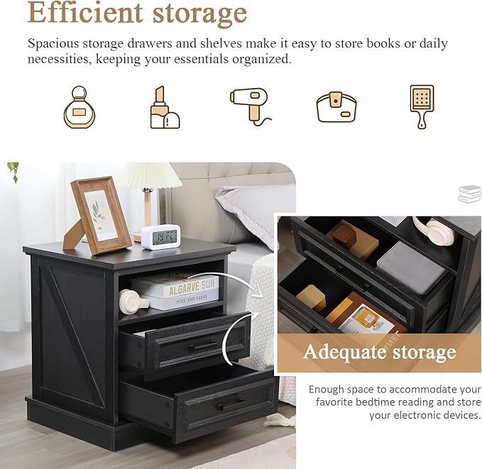 Farmhouse Nightstand with Charging Station, Wood Night Stands with 2 Drawers, 22" Wide End Table with Storage, Black Bedside Cabinet for Bedroom - Image 4