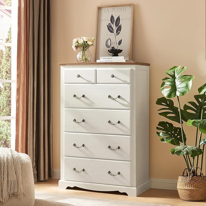 AMERLIFE 5 Pieces Farmhouse Bedroom Sets Includes King Size Farmhouse Bed Frame with 52.2" Headboard, 7 Drawers Dresser, 6 Drawer Tall Dresser, Two Nightstands with Charging Station, White