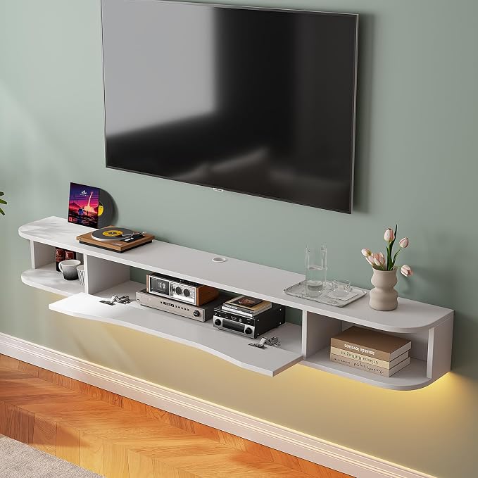 FurniNova 94'' Floating TV Stand, Modern Plywood Wall Mounted Media Console for 100 inch TV,Floating Entertainment Center with Storage,Round Edge TV Shelf for Living Room & Bedroom,White - Image 3