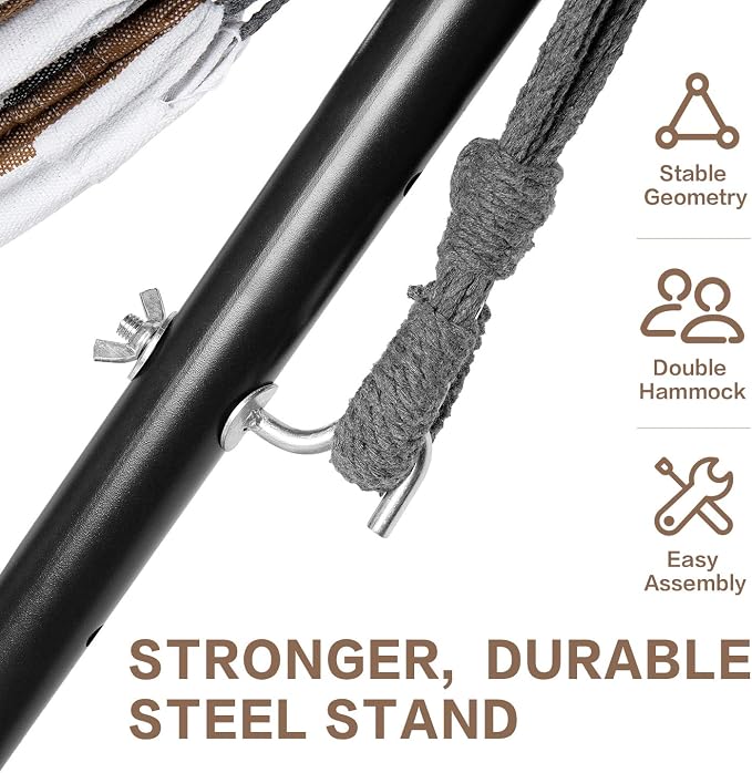 PNAEUT Double Hammocks with Stand for Outside, Portable Space Saving Heavy-Duty Steel Frame for Indoor Outdoor Patio Yard, Easy Assembly, 2 Person 450 lbs Capacity (Coffee) - Image 5