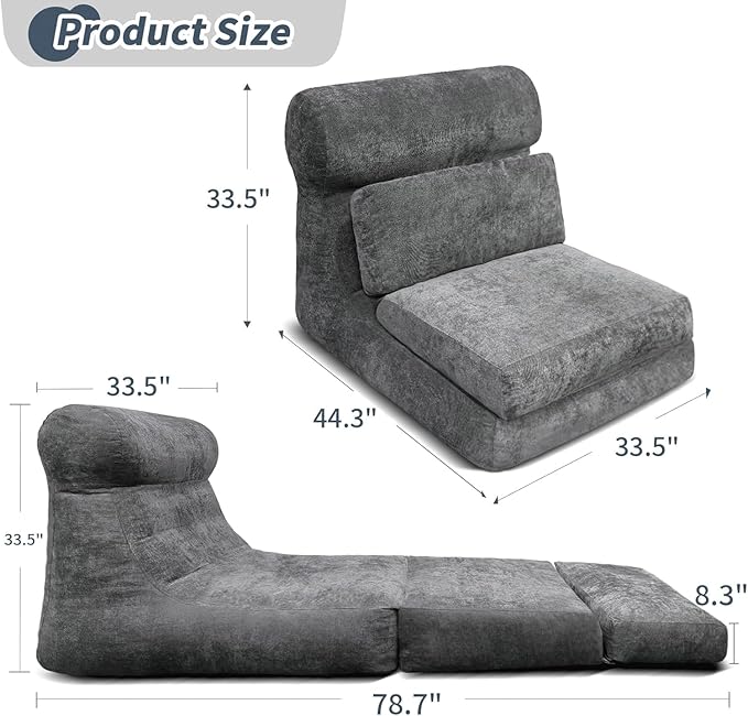 Folding Sofa Bed, Floor Couch for Adults Chair Bed, Convertible Sleeper Chair with Back Support Washable Cover, Deep Seat Sleeper Couch for Living Room