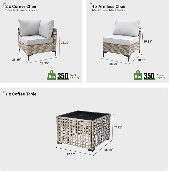 7 Piece Outdoor Patio Furniture with Glowing Coffee Table, Rattan Wicker Conversation Set with Sofa, Sectional Single Chairs for Outside Porch Balcony Backyard Pool,Light Grey