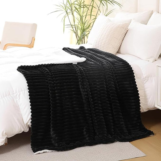 Black Sherpa Fleece Throw Blanket 108”×90” for Couch Sofa Bed,Super Soft Cozy Plush Double Side Thick Flannel Blanket with Striped Design Lightweight for Adults,Woman,Girls