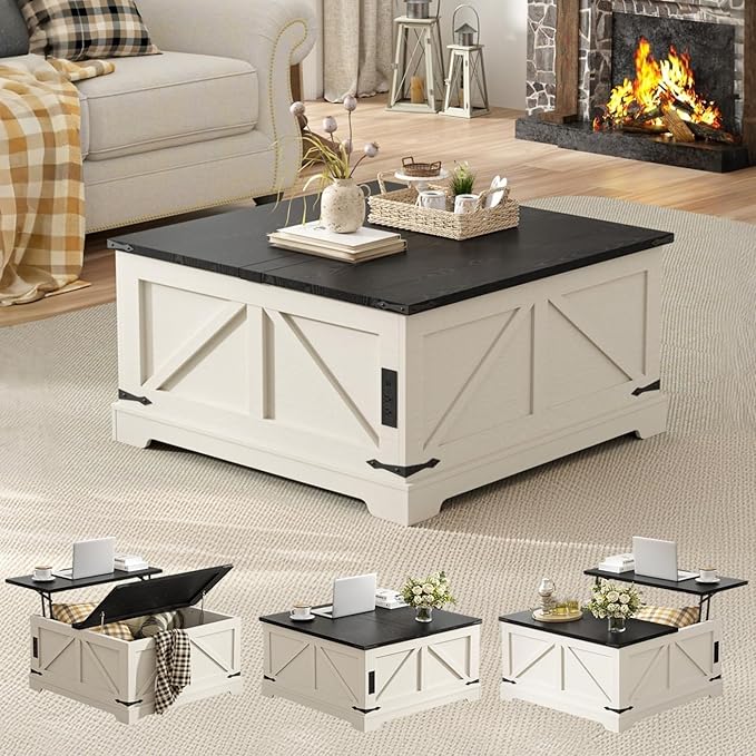 Vabches 35.4" Lift Top Coffee Table with Storage, Farmhouse Square Coffee Tables for Living Room, Center Table with Charging Station and Hidden Space, White