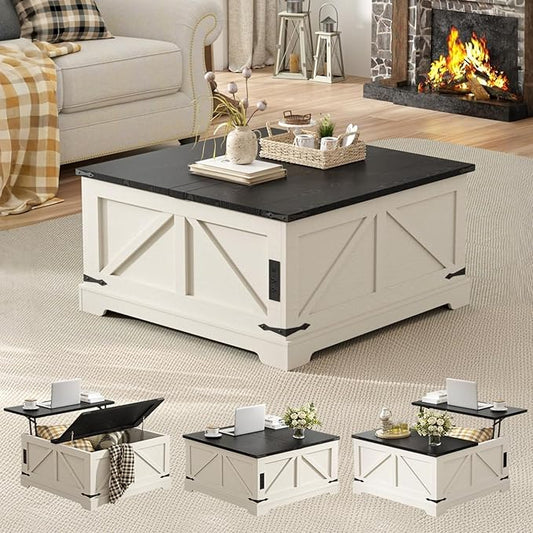 Vabches 35.4" Lift Top Coffee Table with Storage, Farmhouse Square Coffee Tables for Living Room, Center Table with Charging Station and Hidden Space, White