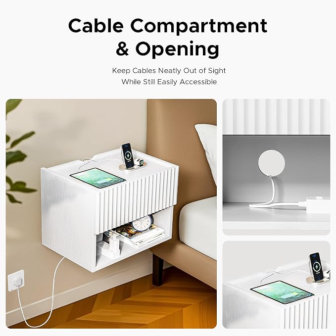 Floating Nightstand Bedroom Bedside Table - Wood Night Stand Set 2 for Small Spaces, Wall Mounted Cabinet with Storage Drawer, White Modern Night Stand for Dorm Hallway Entryway - Image 5