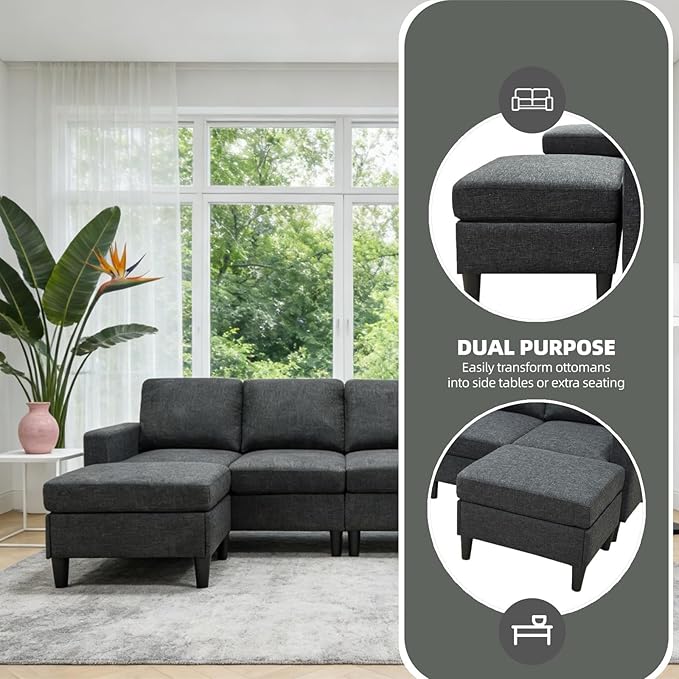 101" L-Shape Modular Sectional Couch, Convertible Linen Couch with 2 Ottomans, Modern 4 Seater Upholstered Modular Sectional Sofa for Apartment, Living Room, Charcoal Black