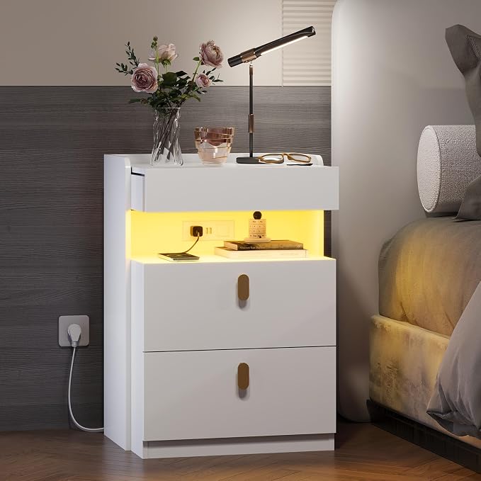 WLIVE White Nighstand with Charging Station and LED Lights, Night Stand with Sliding Top, Modern Bedside Table with 2 Drawers, End Tables for Bedroom, Living Room, White by WLIVE