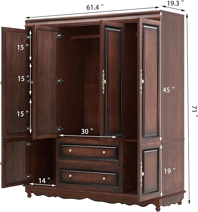 Solid Wood Cherry Red Armoire Wardrobe Closet: 4 Door Solid Wood Wardrobe Cabinet with 2 Drawers, Armoire Closet with Hanging Rods Storing Clothes for Bedroom