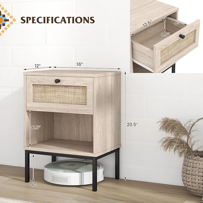 Giantex Rattan Nightstand with Drawer, Boho Side Table with 4 Metal Legs and Open Storage Shelf, Farmhouse Wood Night Stand for Small Spaces, 2 Tier Bedside Table for Bedroom Office, Oak - Image 3