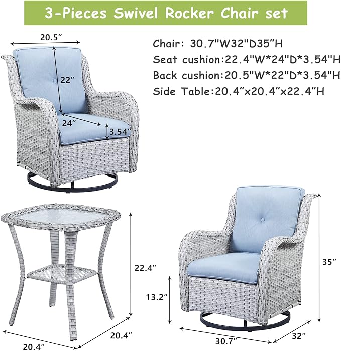 Rilyson Wicker Rocking Chair Swivel Chairs – 6 Piece Rocker Patio Furniture Set Rattan Rocking Bistro Sets with Glass Top Side Table for Outdoor Porch Deck Garden Backyard(Light Grey/Sky Blue)