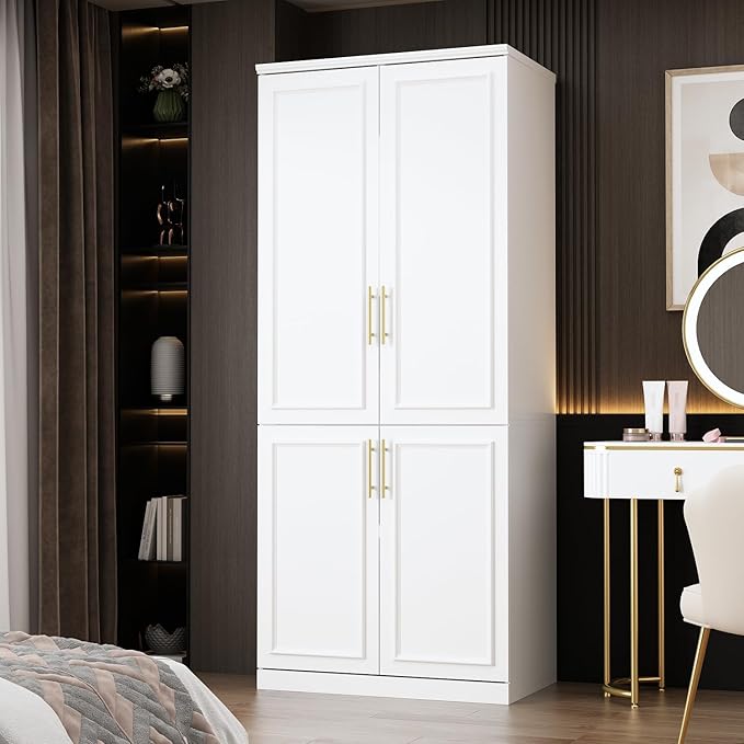 ECACAD White Wardrobe Armoire with 4 Doors, 3-Tier Shelves & Hanging Rod, Wooden Closet Storage Cabinet for Bedroom (30.2”W x 19.3”D x 74.8”H)