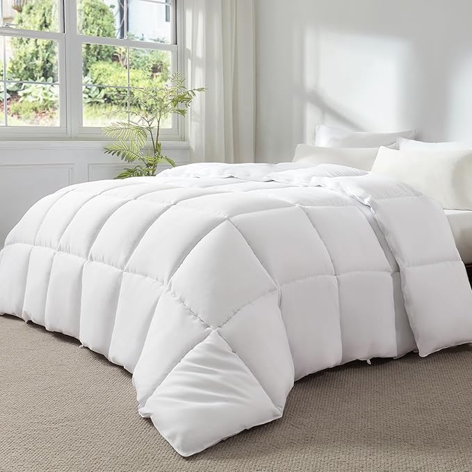 Oversized King Comforter 120x98, Extra Large Super King, Spring Lightweight Soft Quilted Down-Alternative Duvet Insert, Fluffy Breathable Microfiber with 8 Corner Tabs, All Season Bedding White