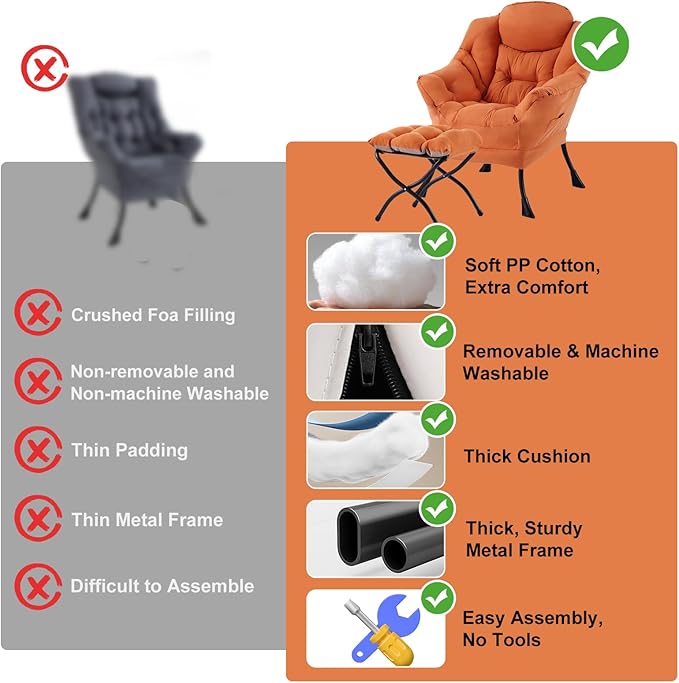 Furlide Lazy Chair with Ottoman, Modern Accent Chair with Armrests and a Side Pocket, Orange Accent Chairs, Reading Chairs, Oversized Armchairs for Bedroom, Study, Living Room, Courtyard