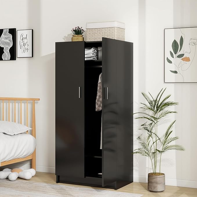 Panana 2 Door Wardrobe Closet Bedroom Armoires with 2 Shelves Storage, Hanging Rail for Bedroom (Black)
