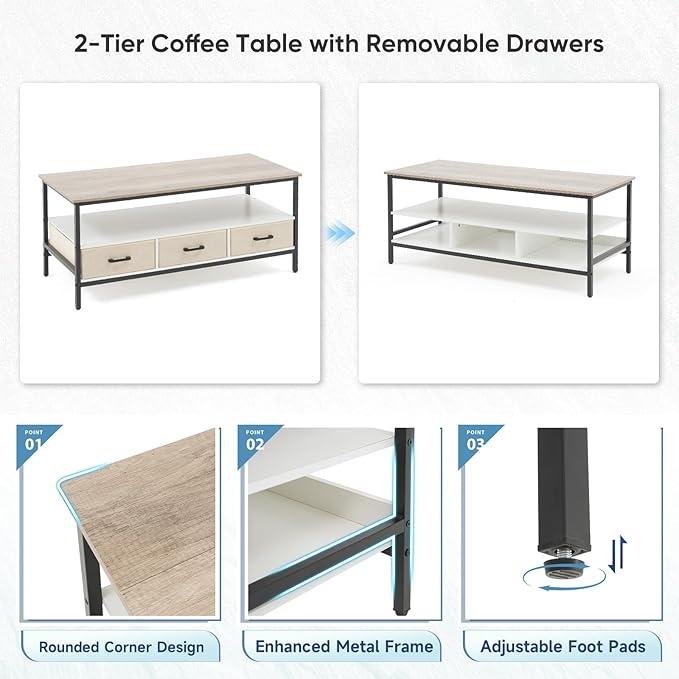 OC Orange-Casual 46" Coffee Table with Storage, 2-Tier Wood Coffee Table with Open Display Shelf & Foldable Drawers, Farmhouse Table with Metal Frame, Small Center Table for Living Room (46.3")