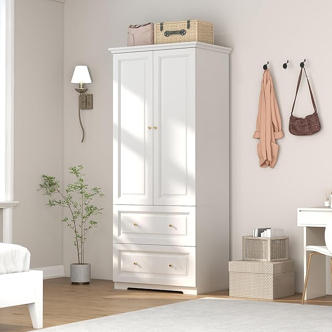 Bedroom Armoire Wardrobe Closet with Drawers: White Wardrobe Closet for Hanging Clothes, Large Wardrobes Storage Closets, Wood Closets Cabinets with Doors and Shelves (White, 31.5")