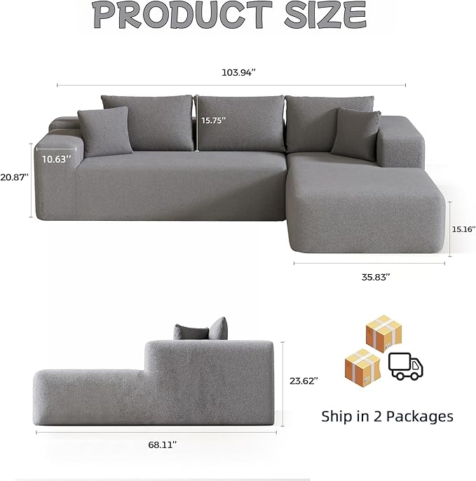 L-Shape Cloud Sectional Sofa, 104” Modern Modular Boneless Couch with Left Chaise Lounge, Compressed Floor Sofa with 5 Pillows & Deep Seat, Rain Drop Velvet Couch for Living Room, Light Gray
