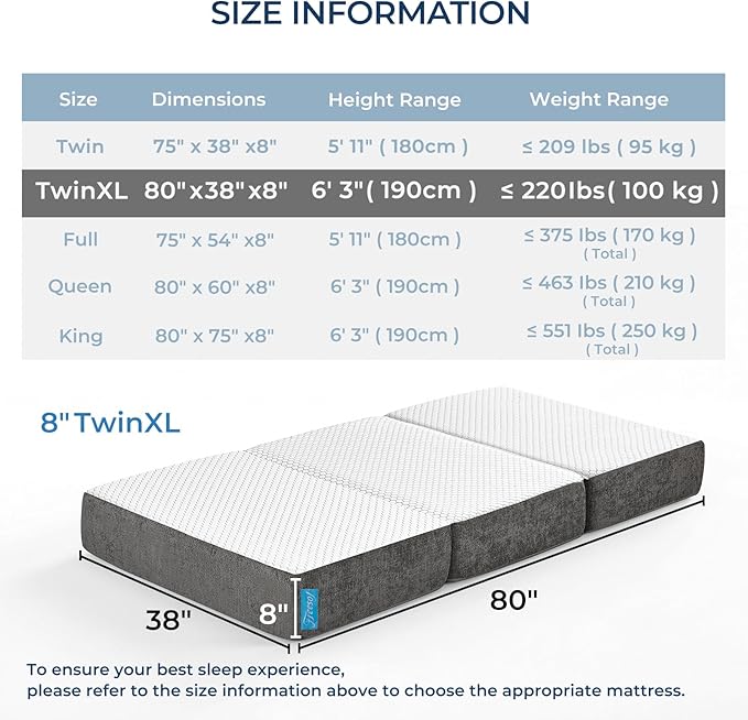 Odorless Foldable Mattress Twin XL 80" x 38" x 8", 8 Inch Medium Firm Folding Foam Mattress with Storage Bag, Fiberglass Free Trifold Memory Foam Mattress for RV, Guest Bed