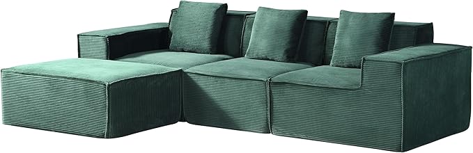 Rowan Convertible Corduroy Sectional Couch with Ottoman & Pillows, Modular L Shaped Sleeper Sofa, Boneless Cloud Couch for Living Room Furniture, Dark Green